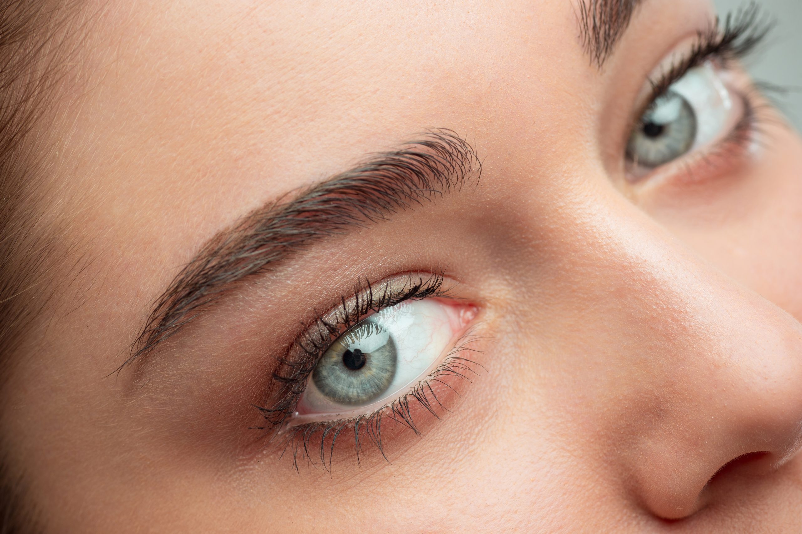The beautiful female face. The perfect and clean skin of face on gray